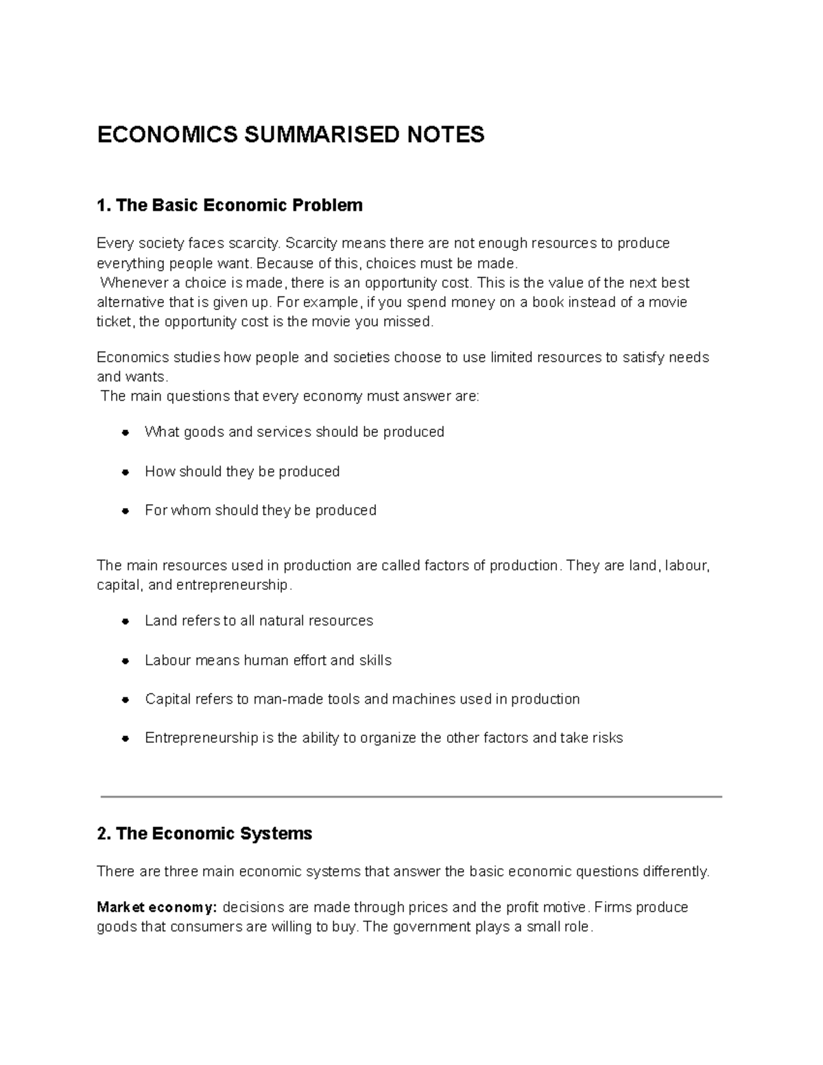 ECON 101: Summarised Notes on Basic Economic Concepts - Studocu