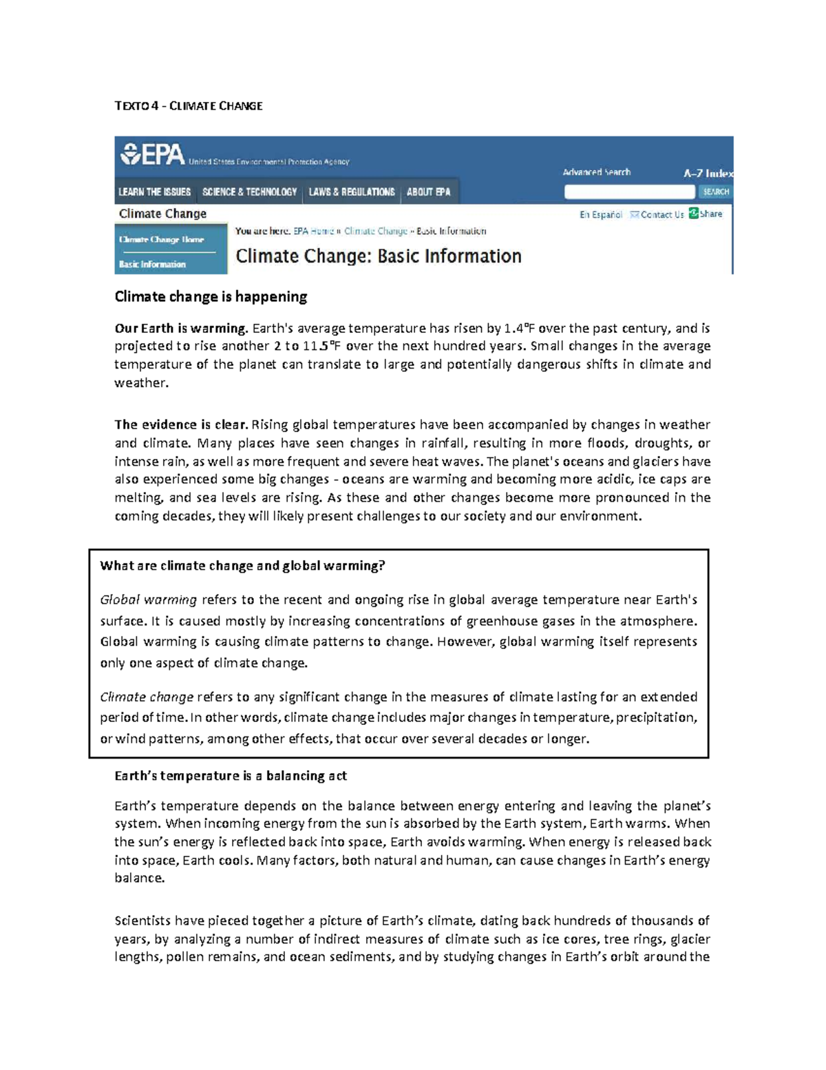 TEXTO 1 - CLIMATE CHANGE: Understanding Global Warming and Its Effects ...