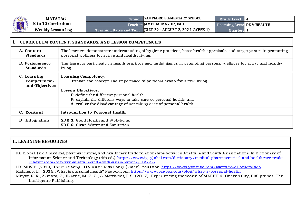DLL Matatag PE & Health 4 Q1 Weekly Lesson Plan W1 - Studocu