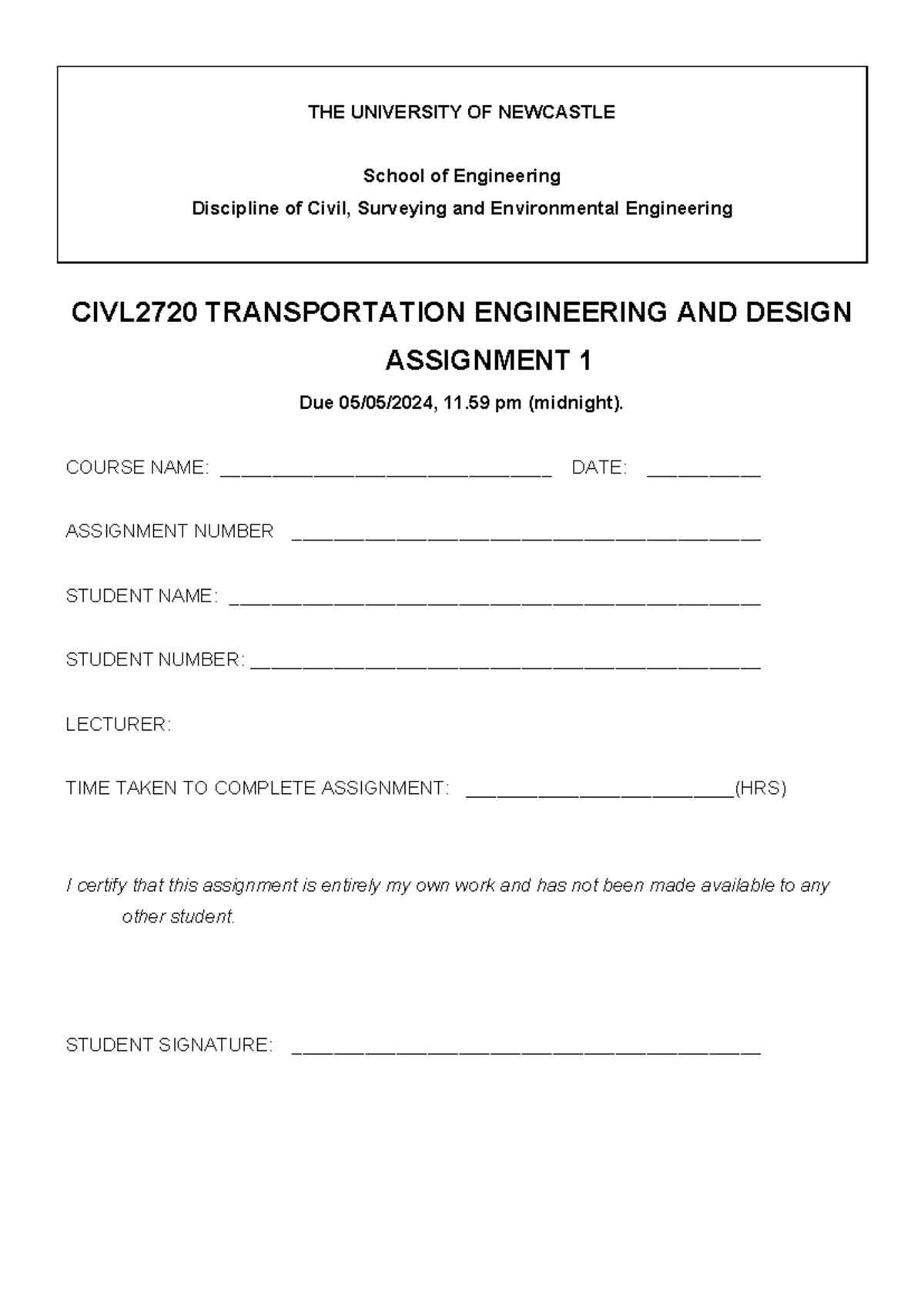 CIVL2720 Transportation Engineering Design Assignment 1 (2024) - Studocu