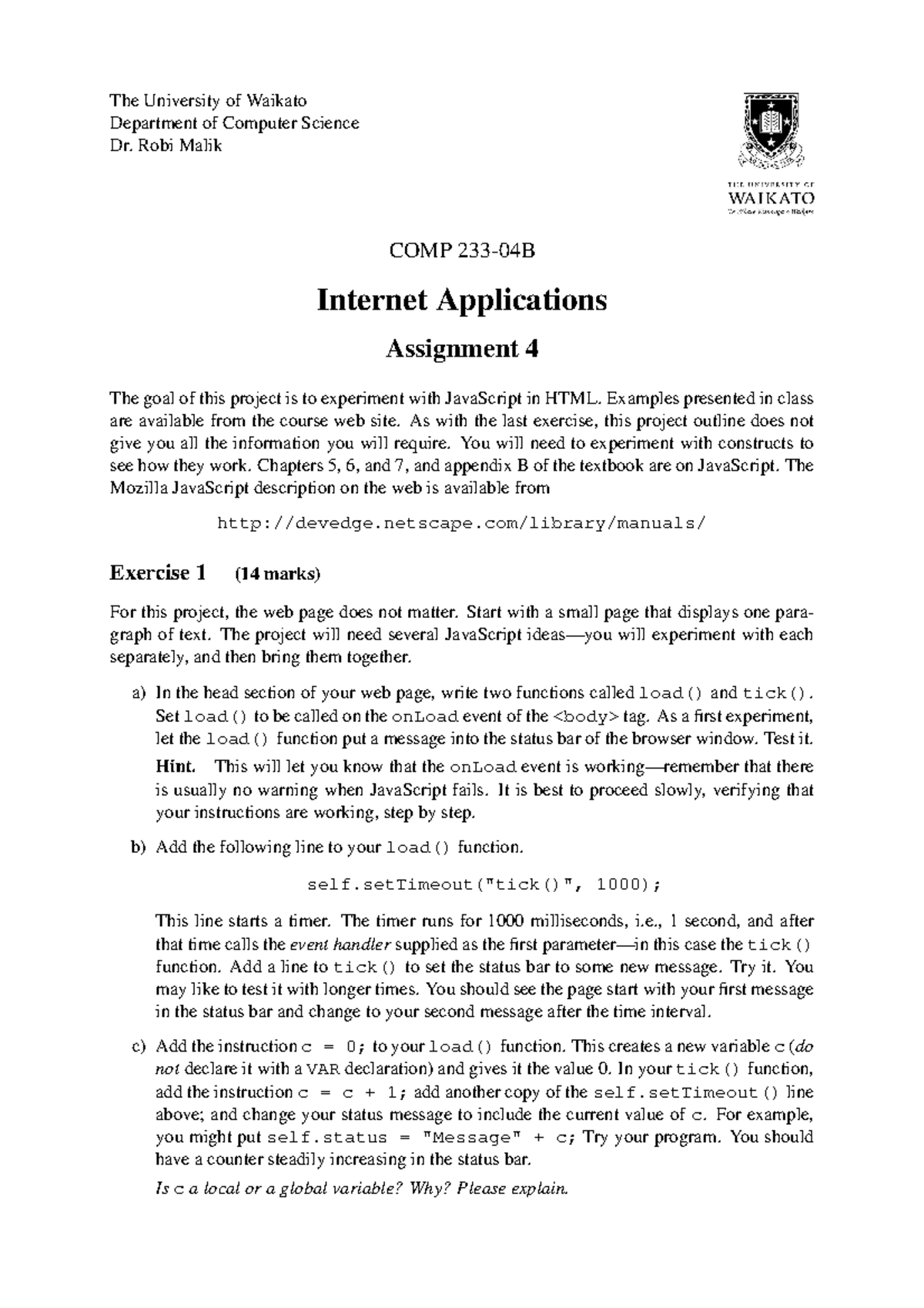 COMP 233-04B Internet Applications - Assignment 4 JavaScript Tasks ...