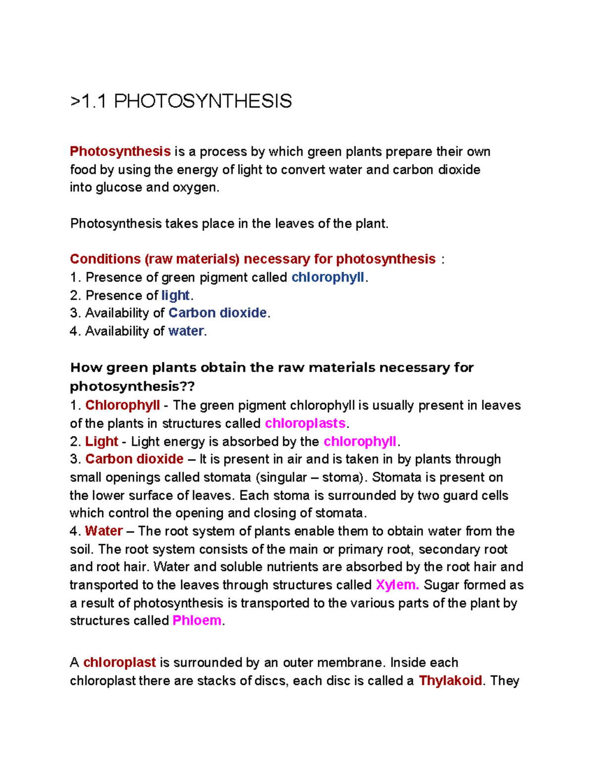 Biology notes (Unit-1 and 4) - >1 PHOTOSYNTHESIS Photosynthesis is a ...