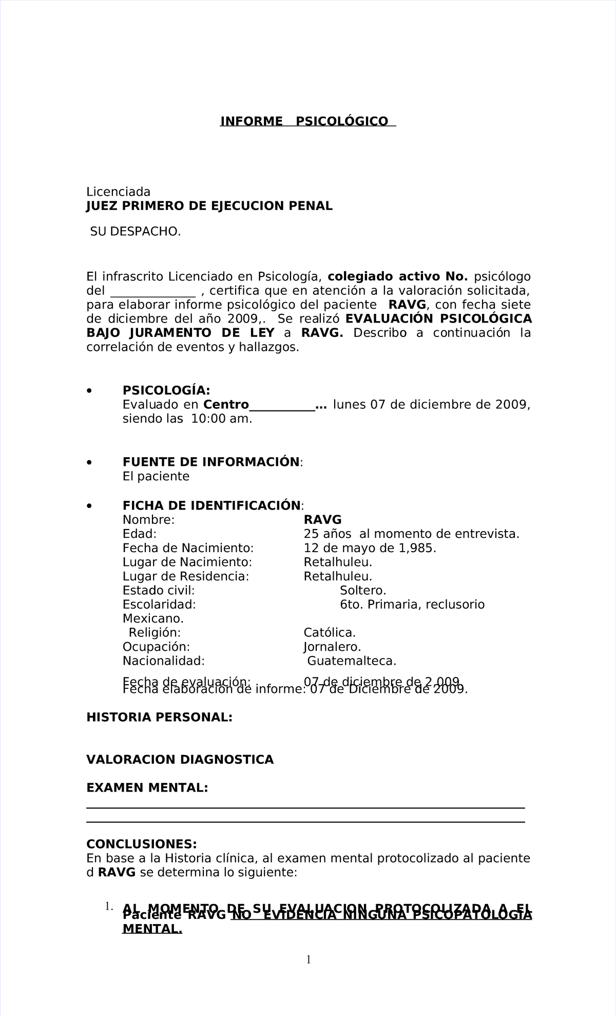 Informe Psicológico RAVG - Juzgado 1er Ejecución Penal - Studocu