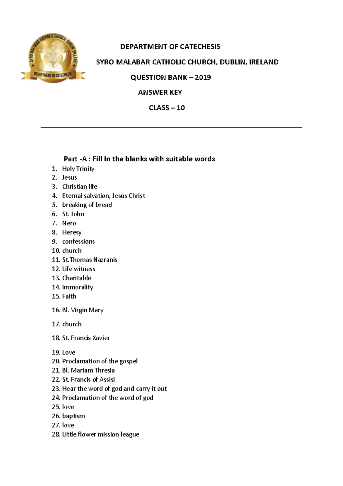 Question Bank Answer Key Class 10 - Syro Malabar Catholic Church 2019 ...