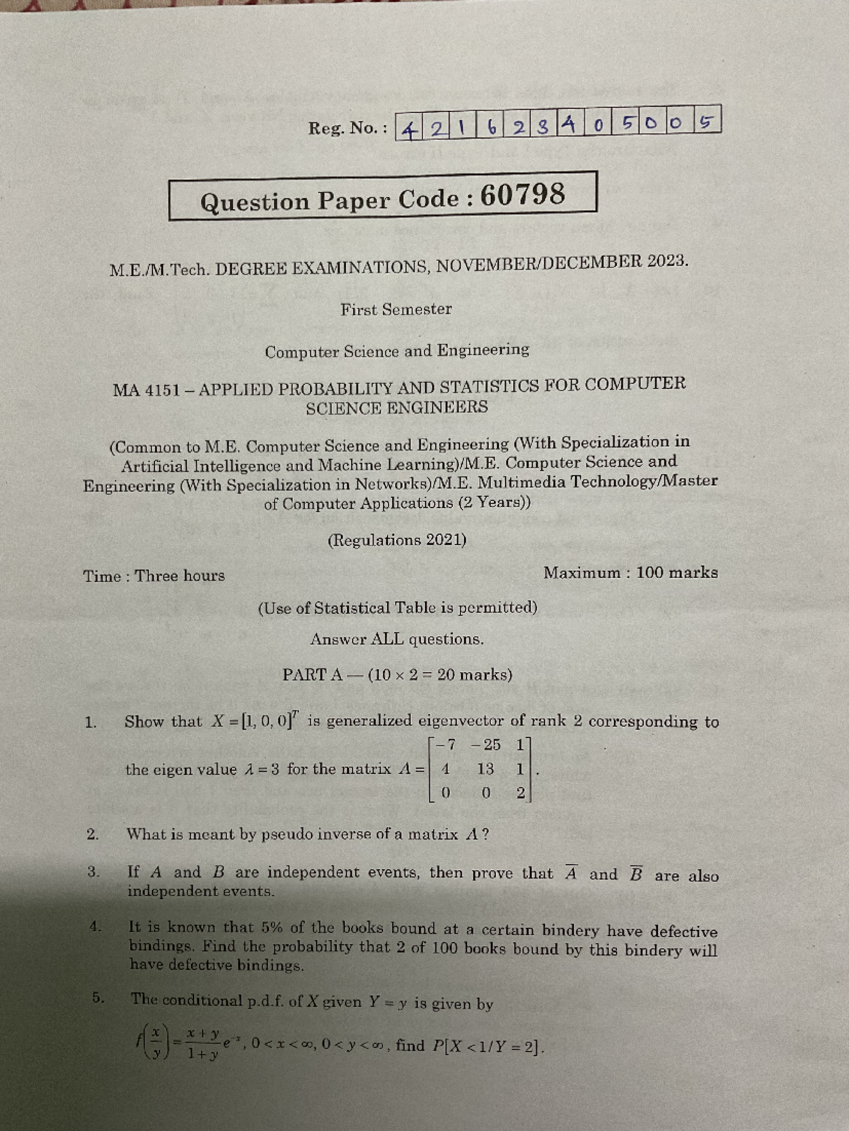 MA4151 - Final Exam: Applied Probability & Statistics for CSE 2023 ...
