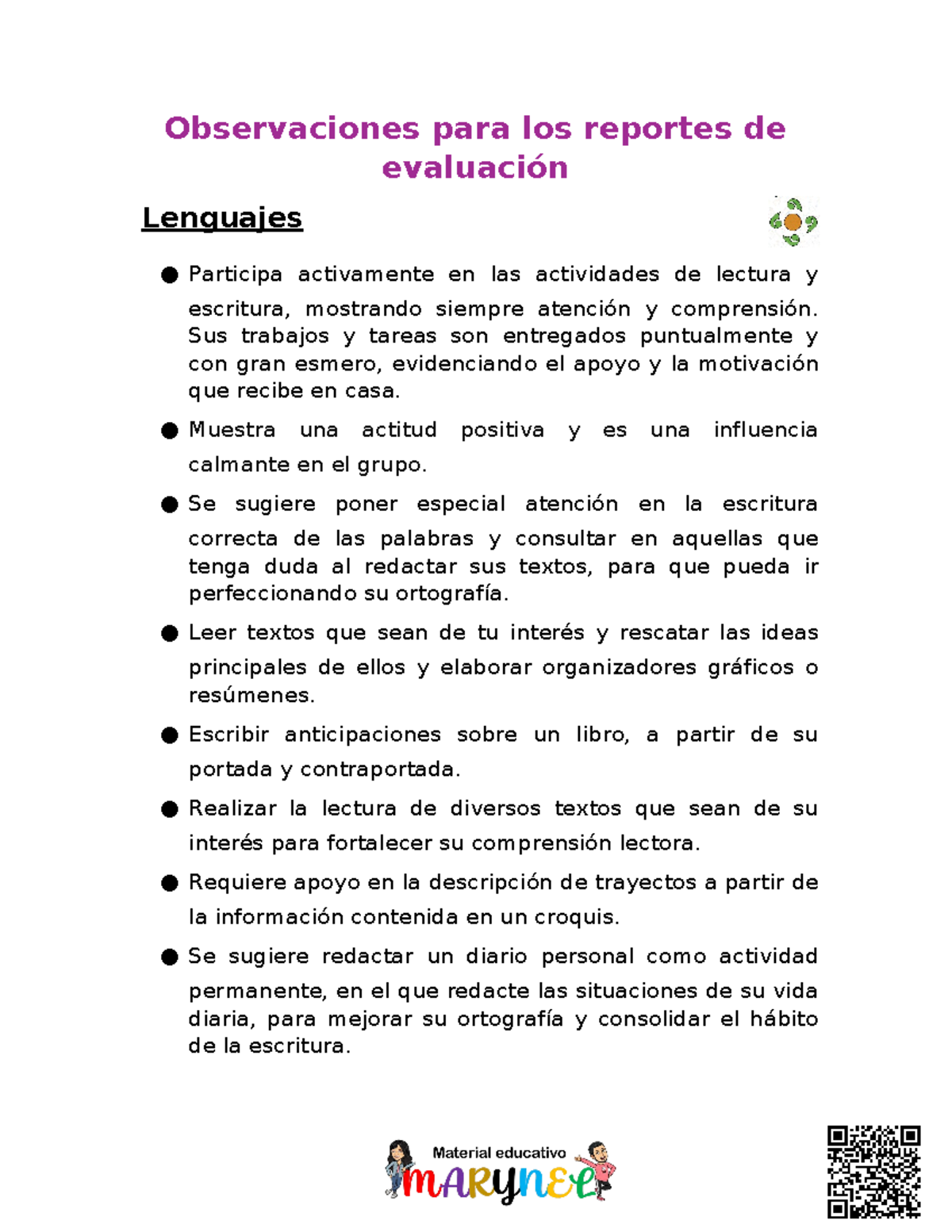 Observaciones para los Reportes de Evaluación en Lenguajes y Ciencias ...
