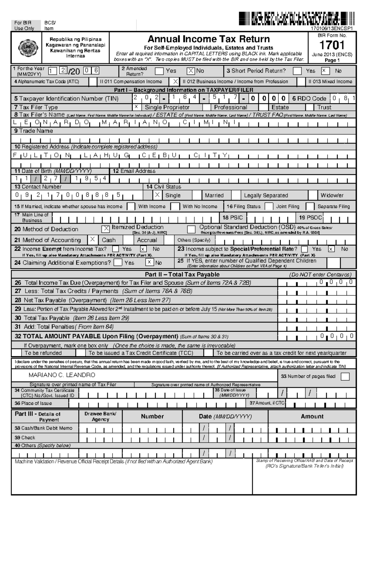 BIR Form 1701 Annual Income Tax Return Notes (2013) - Studocu