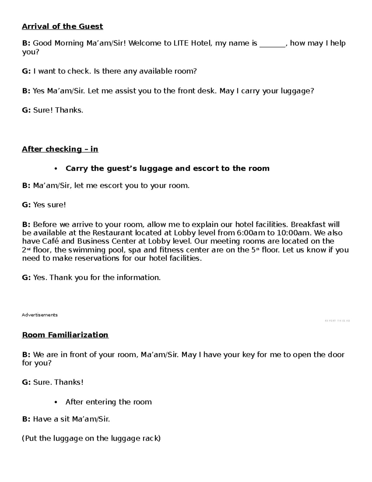 Butler Script for Guest Arrival and Services at LITE Hotel - Studocu