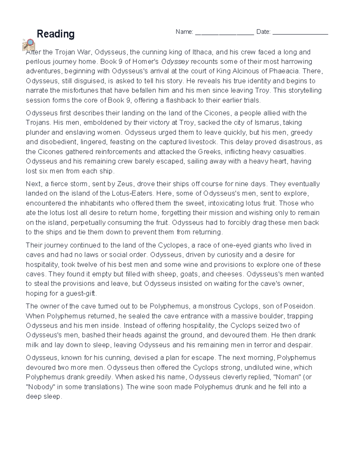 The Odyssey: Book 9 - Odysseus and the Cyclops Encounter (Year 910 ...