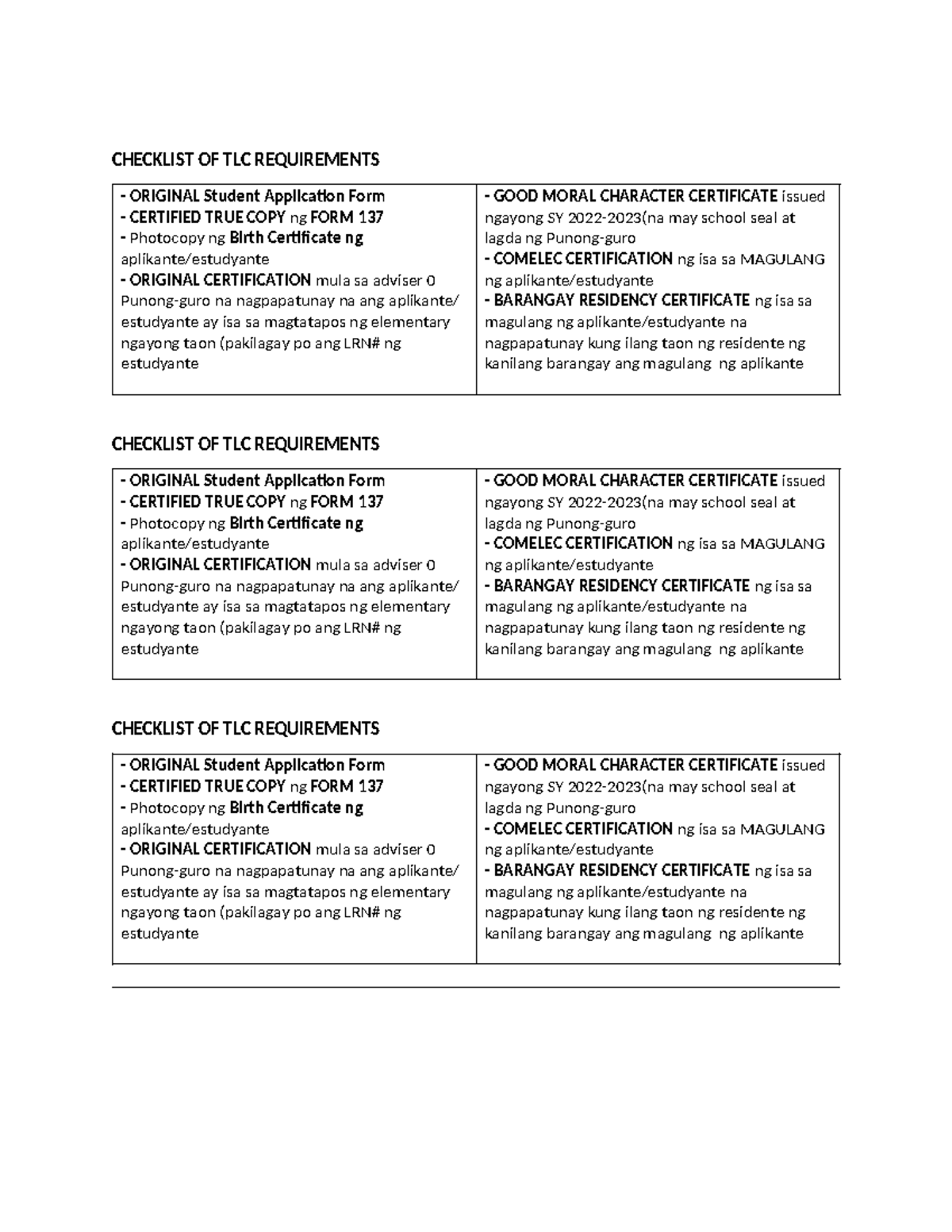 Checklist OF TLC Requirements - CHECKLIST OF TLC REQUIREMENTS ...