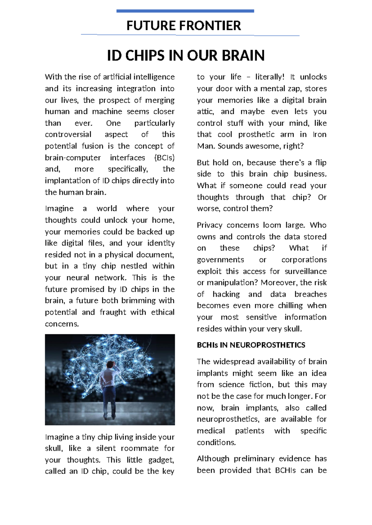 ID Chips in Our Brain: Exploring the Future of BCIs and Ethics - Studocu