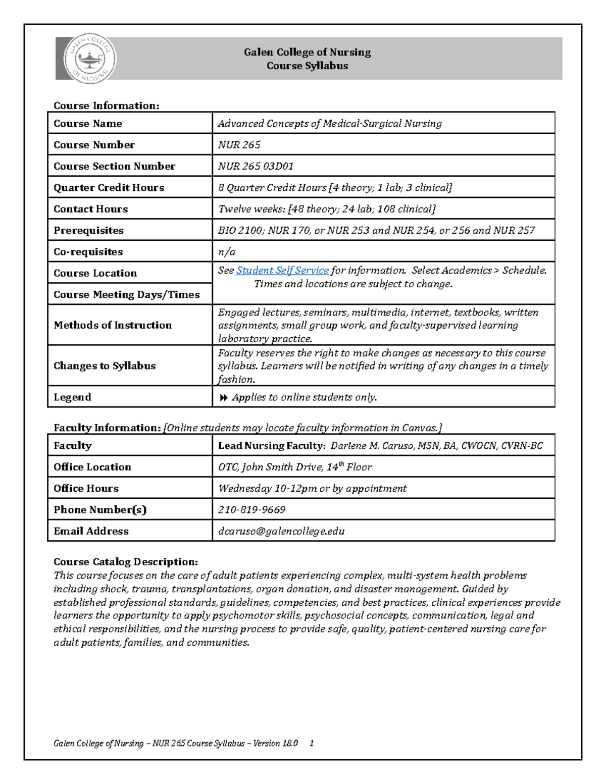 NUR 265 Syllabus: Advanced Concepts in Medical-Surgical Nursing - Studocu