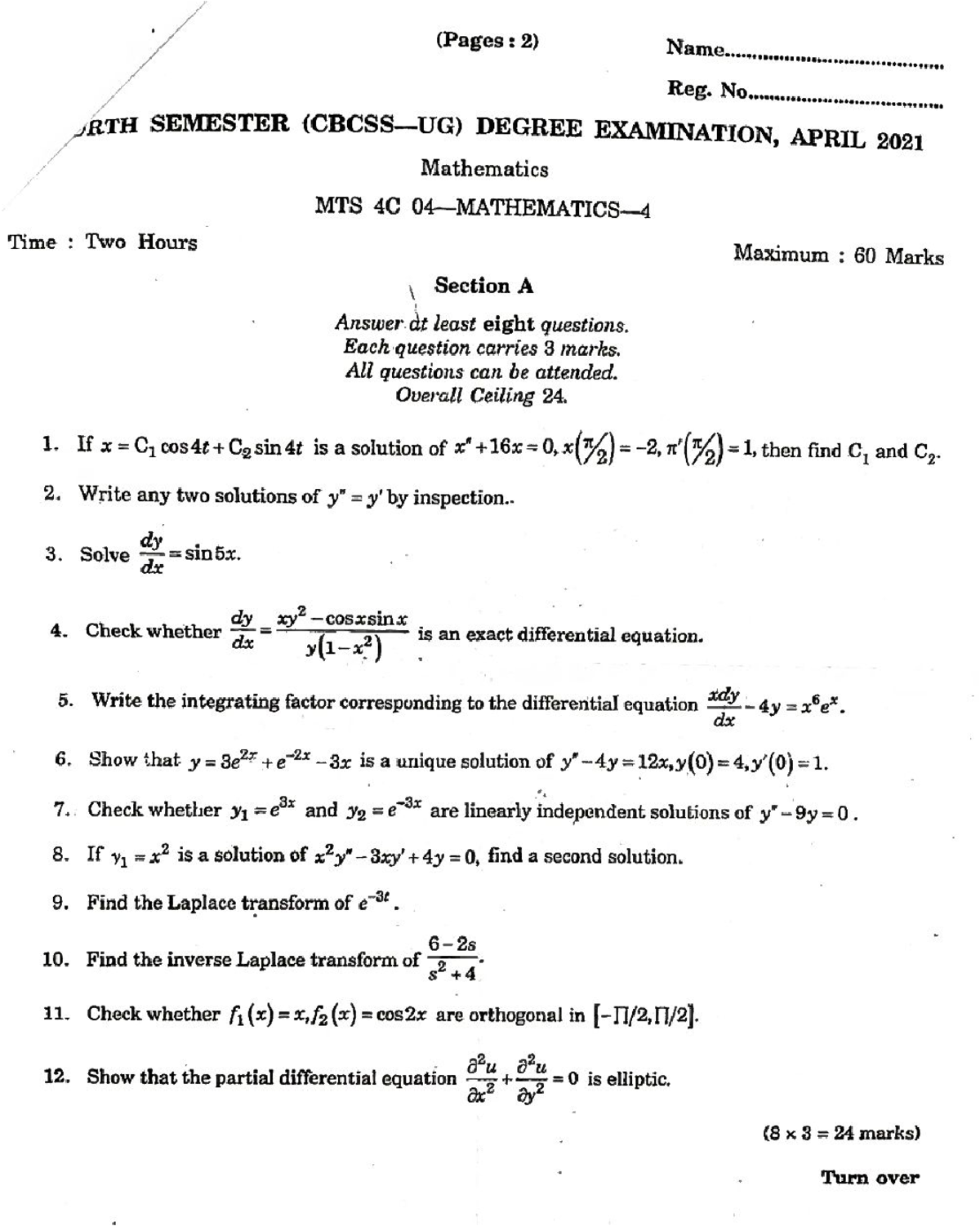 Mathematics MTS 4C Final Exam Questions - April 2031 - Studocu