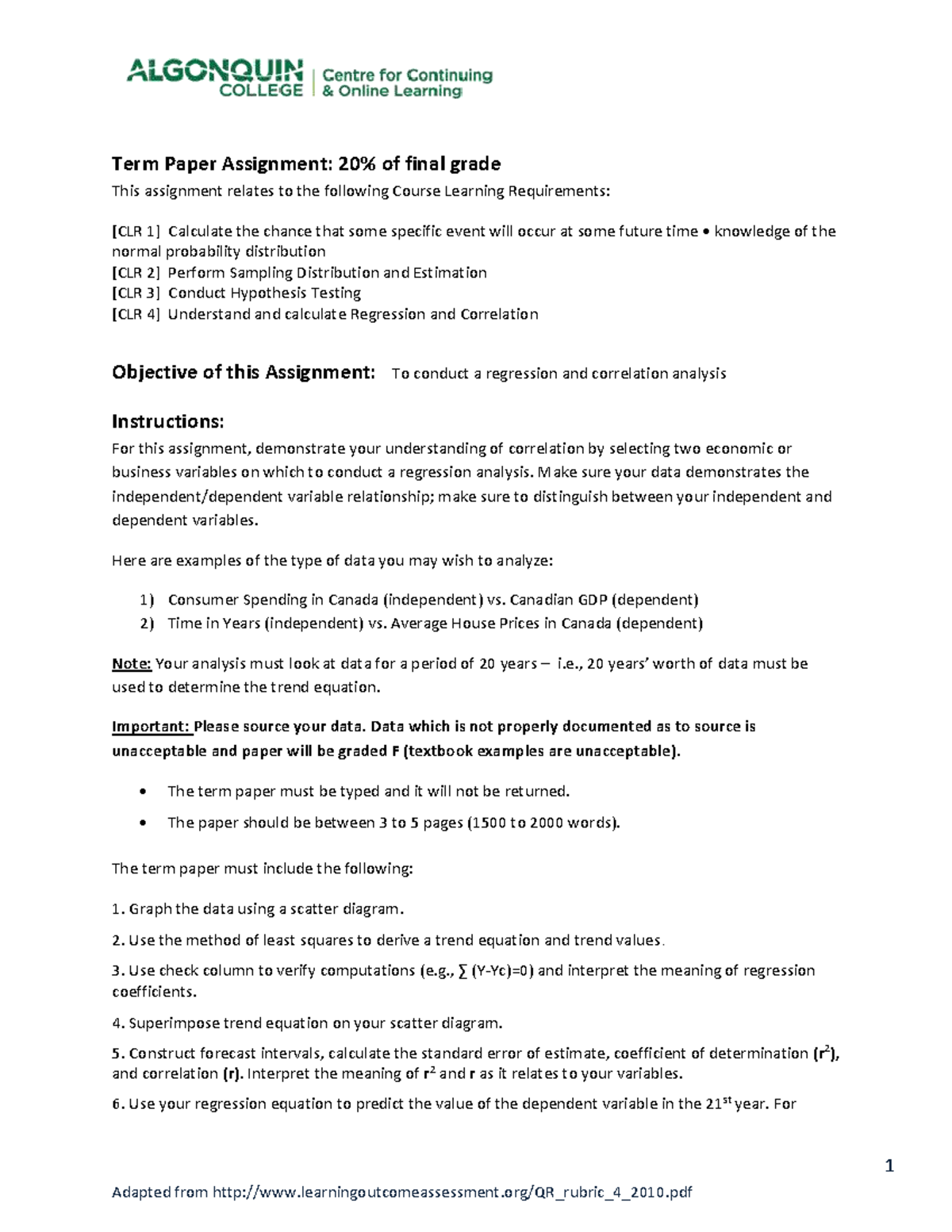 Regression Analysis Project Guidelines - QUA2343 Term Project - Studocu