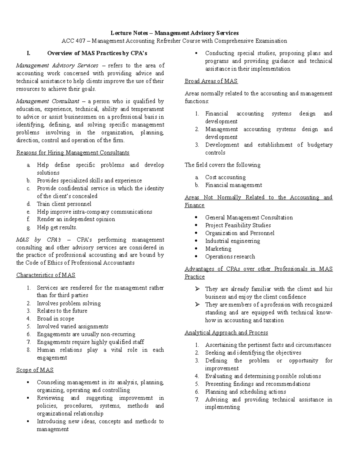 Lecture Notes 1: Management Advisory Services Overview (ACC 407) - Studocu