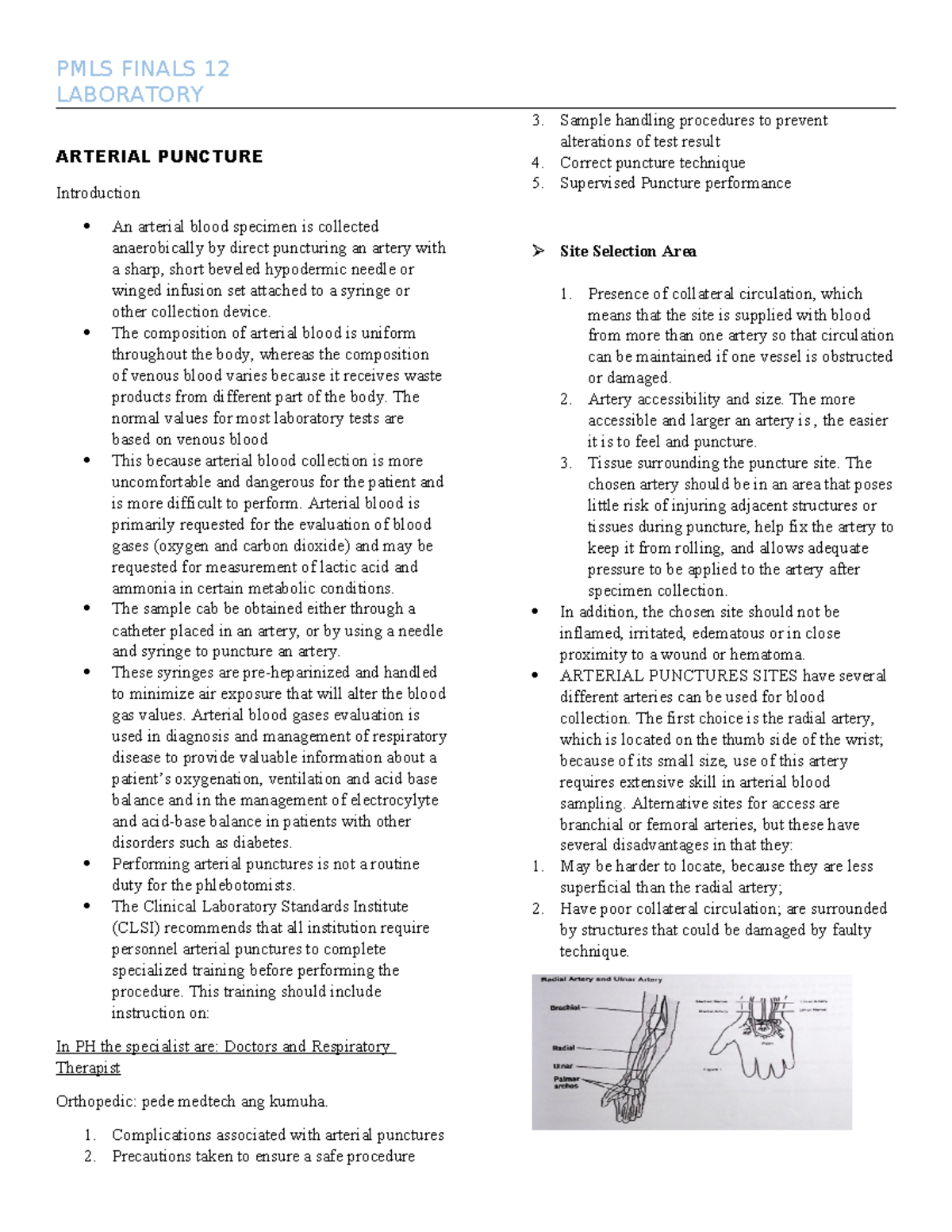 PMLS 12 FINALS LAB: Arterial Puncture Techniques and Complications ...