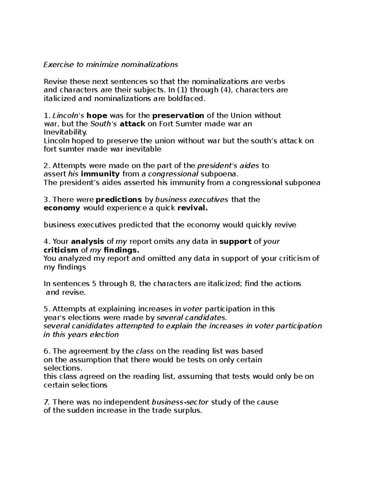 ENG 201: Nominalizations Exercise Revision and Practice - Studocu