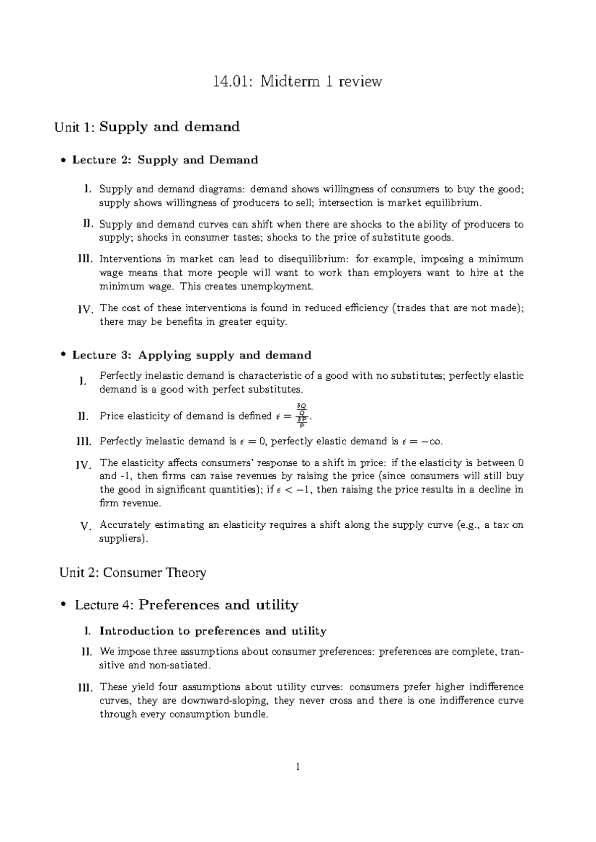 14.01SC: Midterm 1 Review - Supply and Demand Concepts and Applications ...