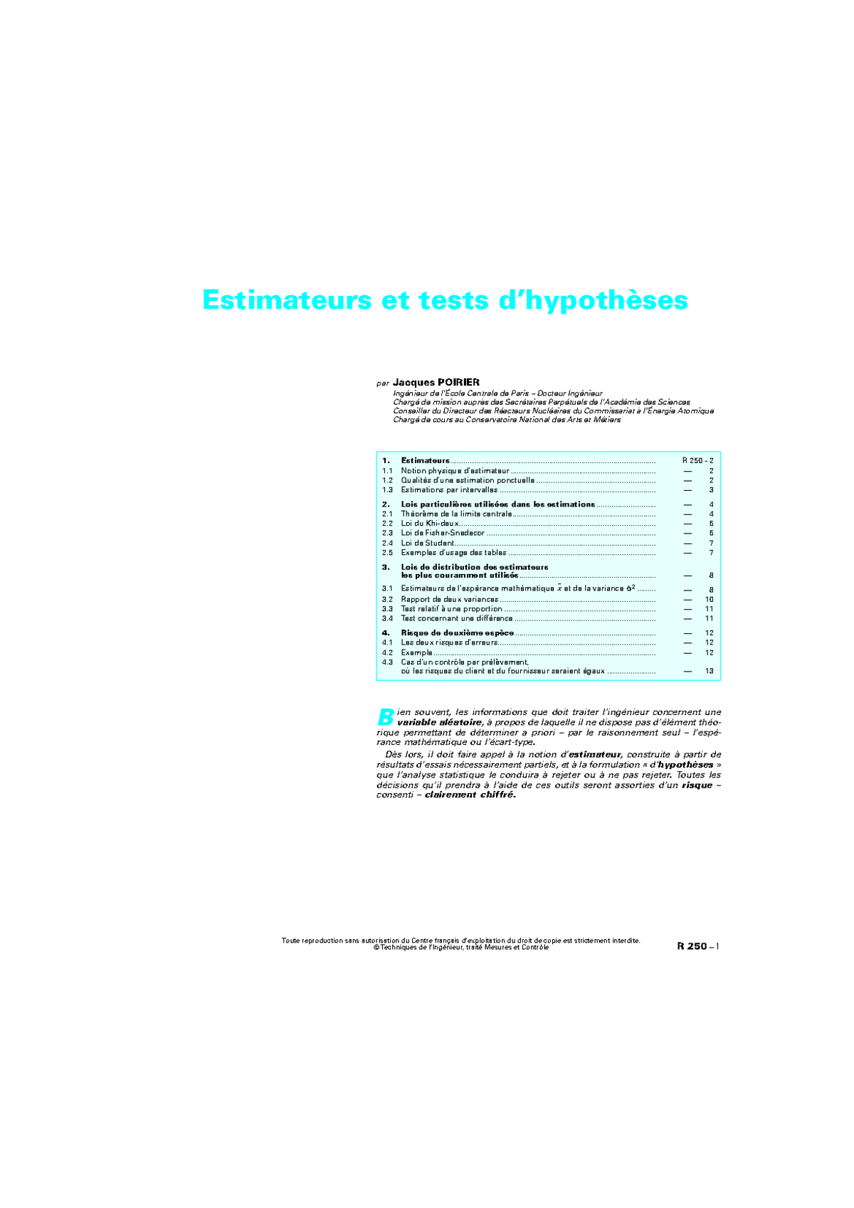 R250 - Notes de cours sur Estimateurs et Tests d'Hypothèses - Studocu