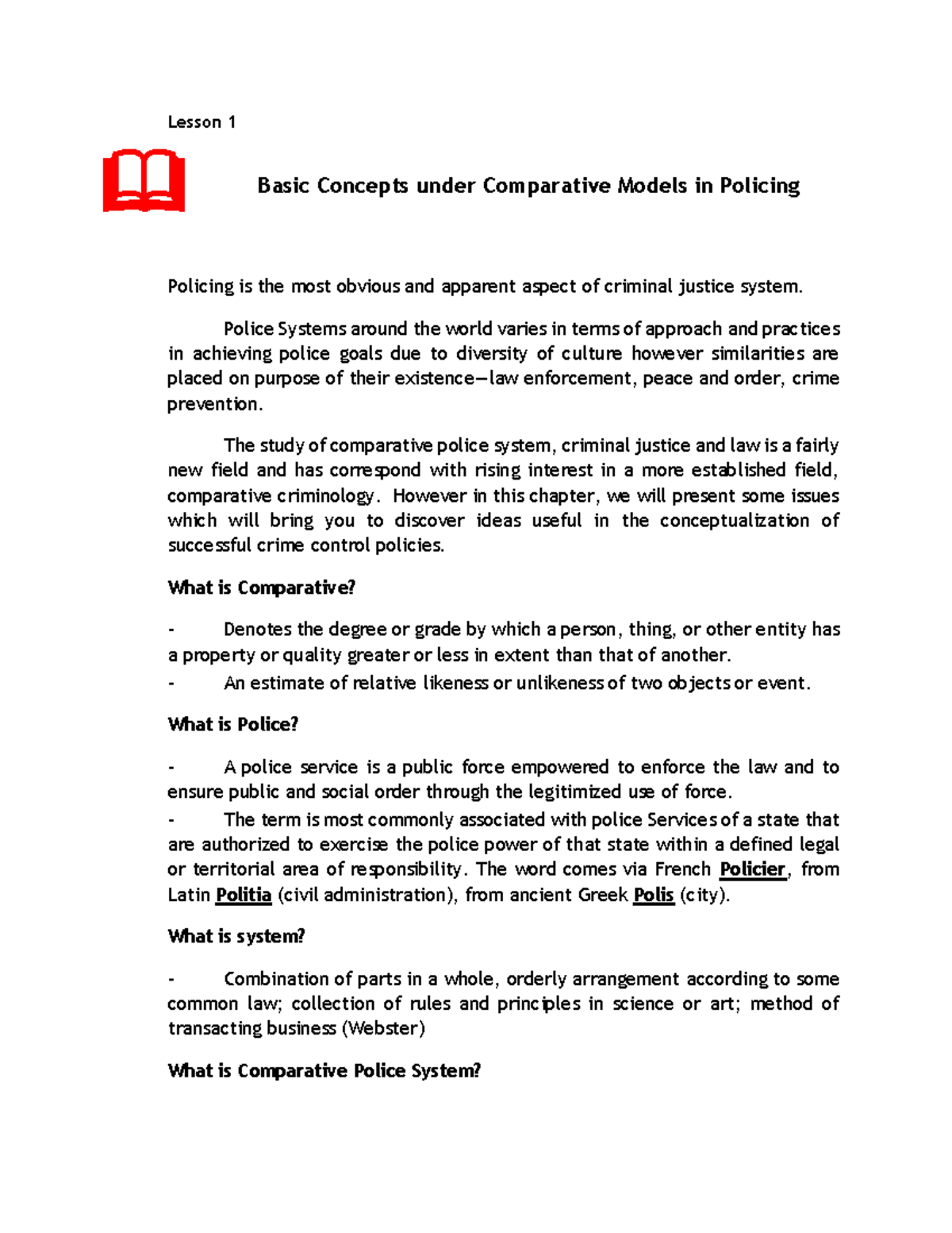 Basic Concepts in Comparative Policing (CJS 101) - Lesson Overview ...