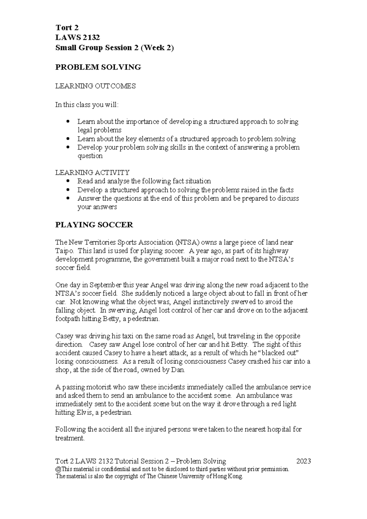 Week 2 Tutorial Session 2 - Problem Solving 2023 - Tort 2 LAWS 2132 ...