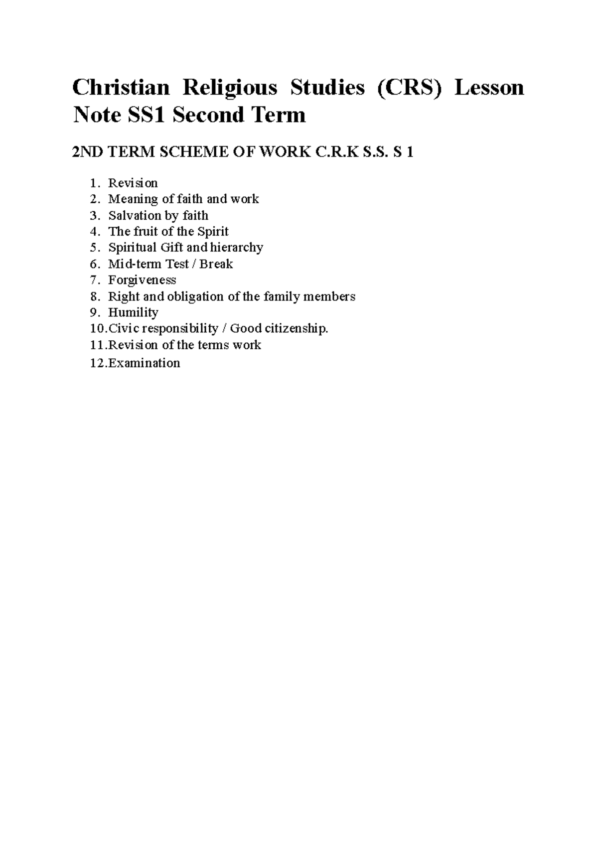 CRS SS1 2ND TERM - Comprehensive Lesson Notes on Faith, Works, and ...