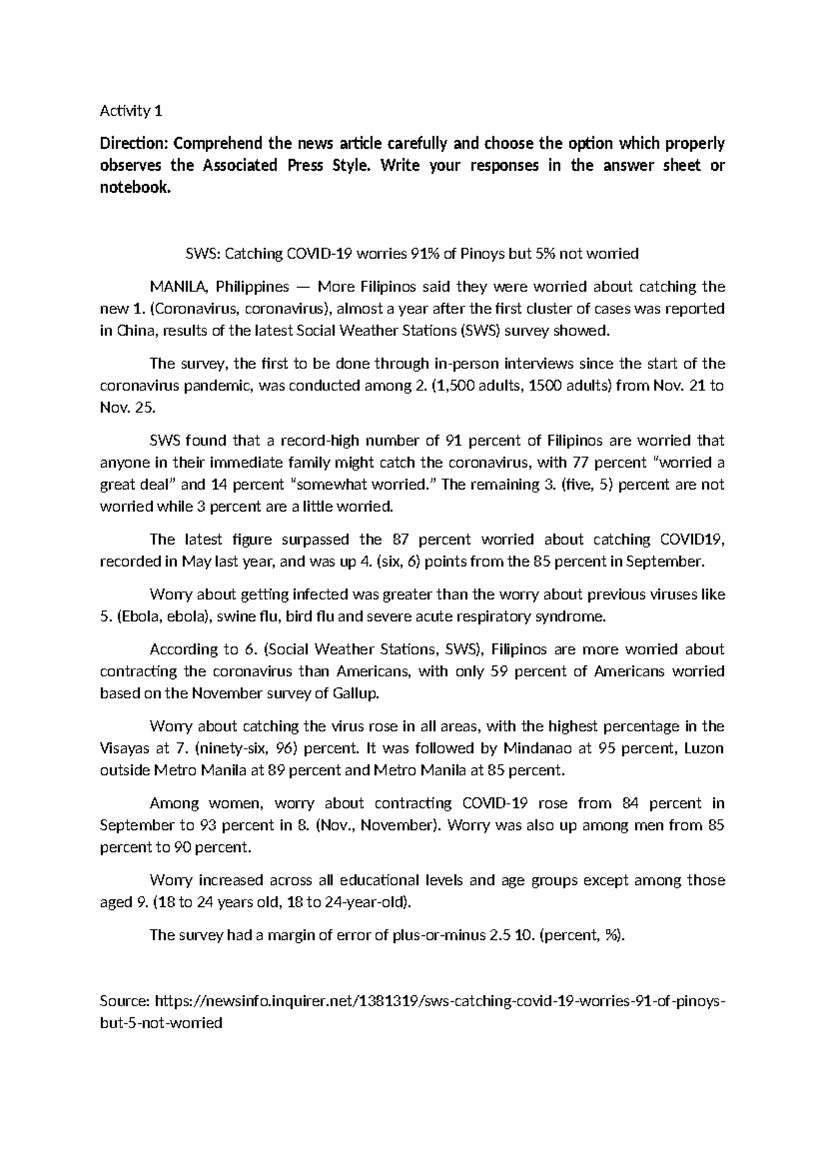 Activity Sheet: AP Style Guidelines for News Articles in Journalism ...