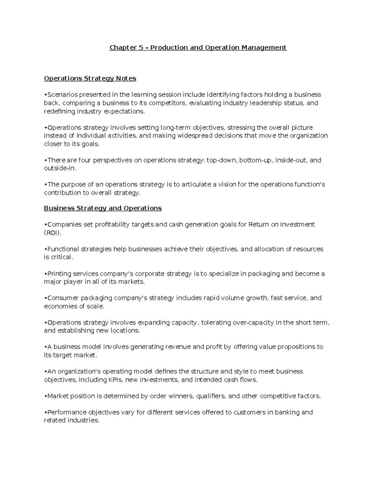 Chapter 5 - Operations Strategy and Competitive Advantage in POM - Studocu