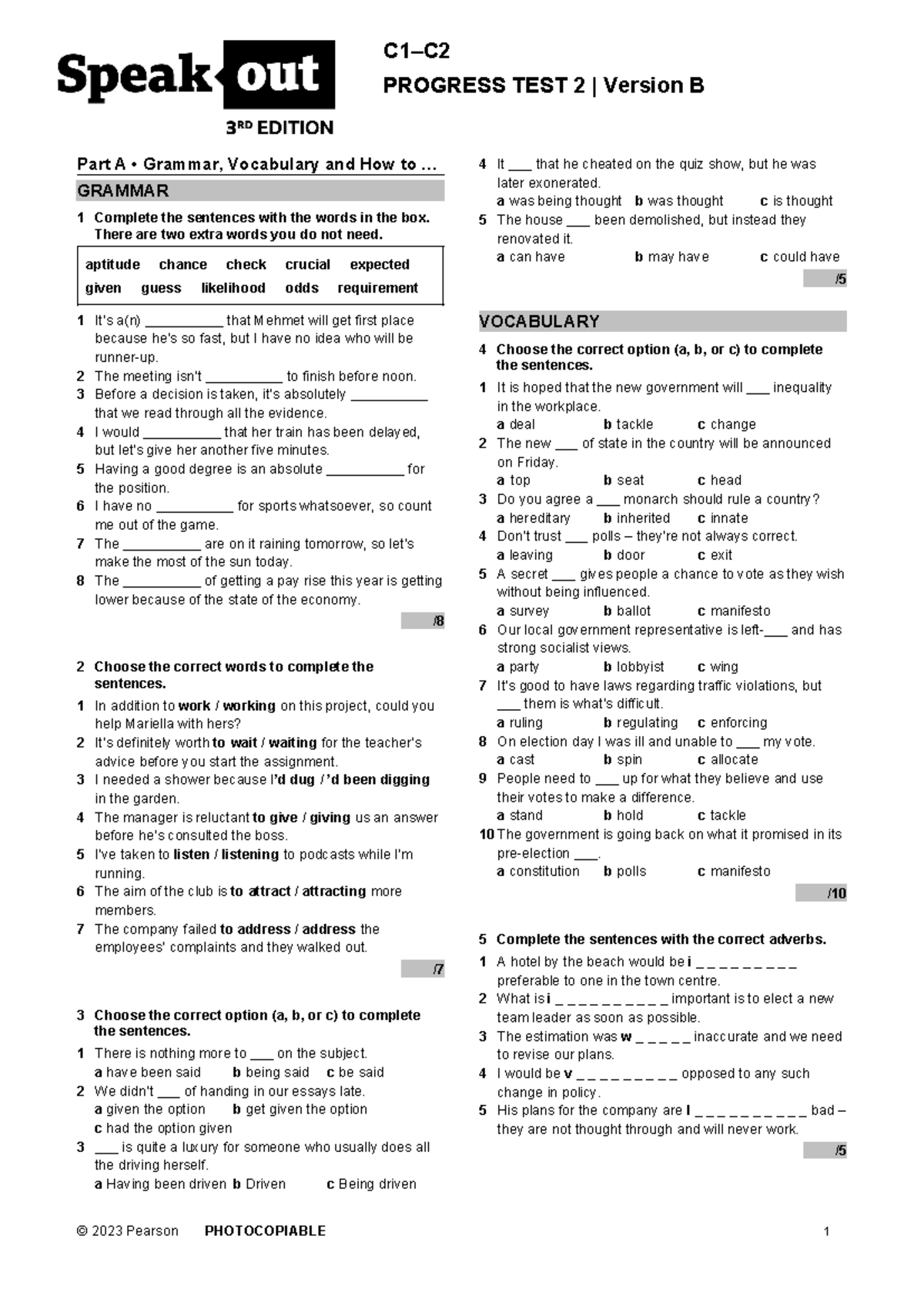 SO3 C1-C2 Progress Test 2B: Grammar, Vocabulary, and Writing Skills ...