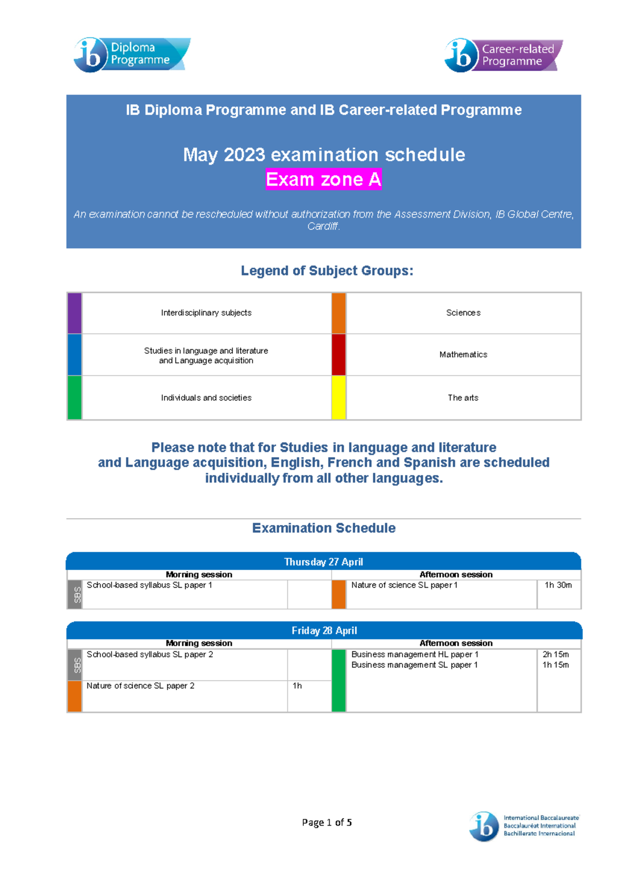 May 2023 examination schedule exam zone a - IB Diploma Programme and IB ...