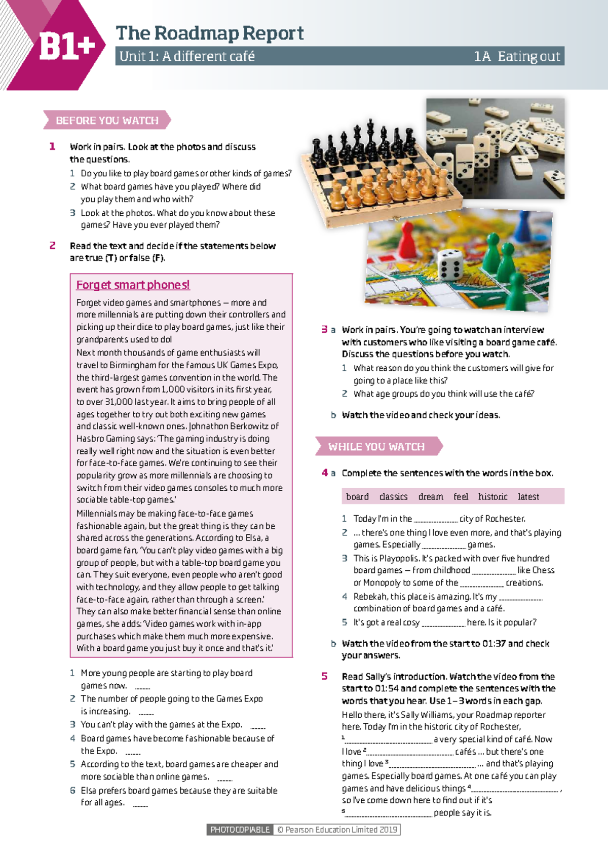 Roadmap Report B1 Worksheet Unit 1 Board Games Cafés Studocu