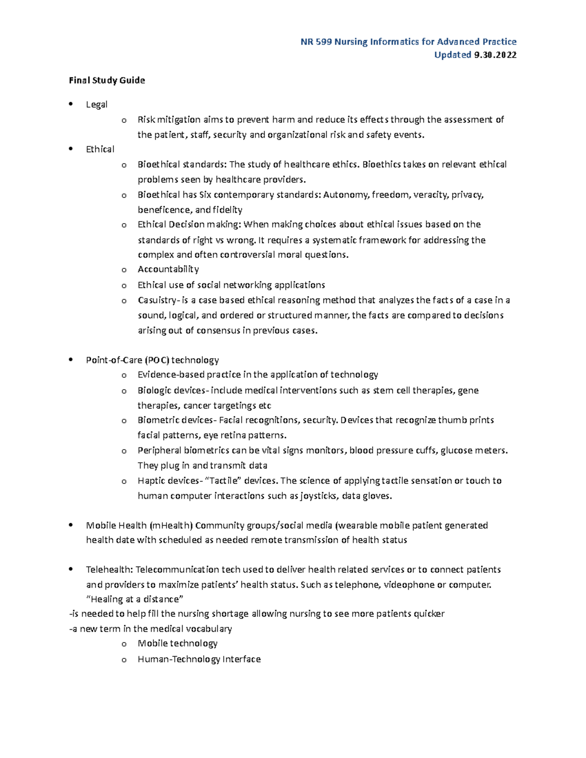 NUR 305 Final Study Guide: Legal, Ethical, and Tech Insights - Studocu