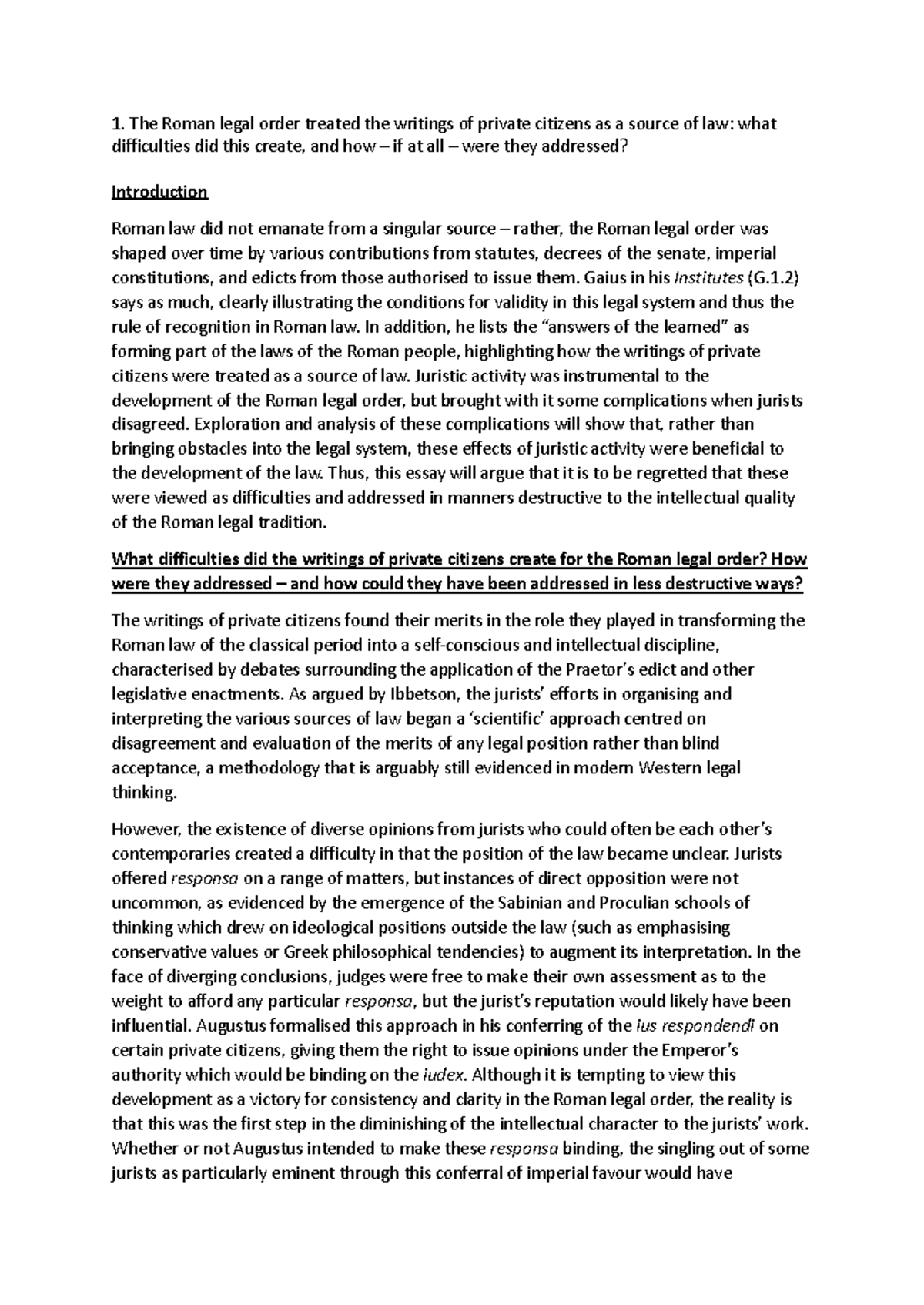 Sources of law essay: The role of private citizens in Roman law - Studocu