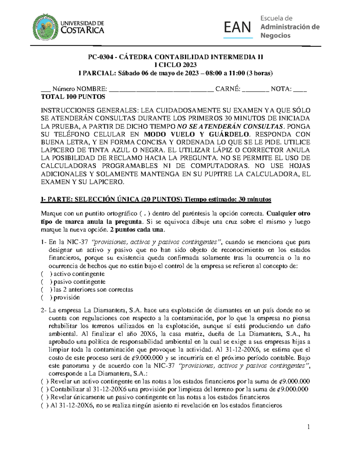I Parcial 2023 - PC-0304 - Contabilidad Intermedia II Exam Guide - Studocu