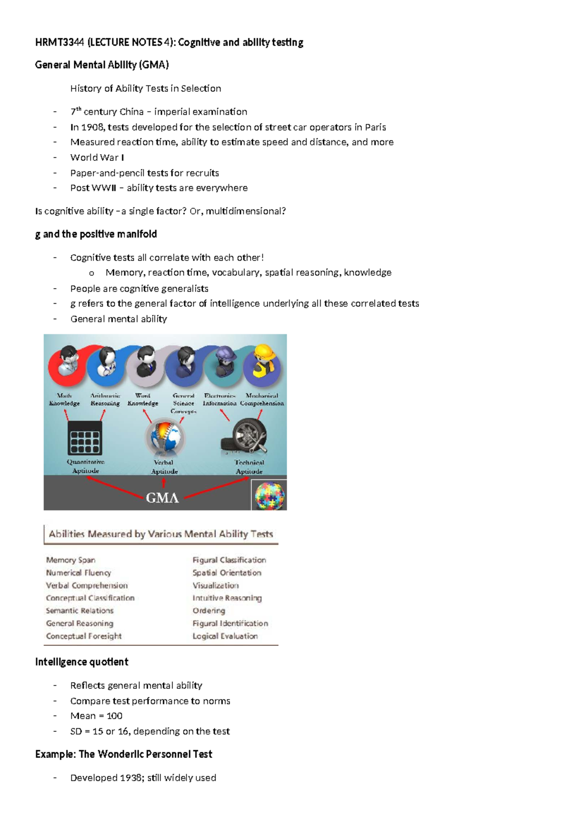 HRMT3344 (Lecture 4 notes): Understanding cognitive and ability testing ...