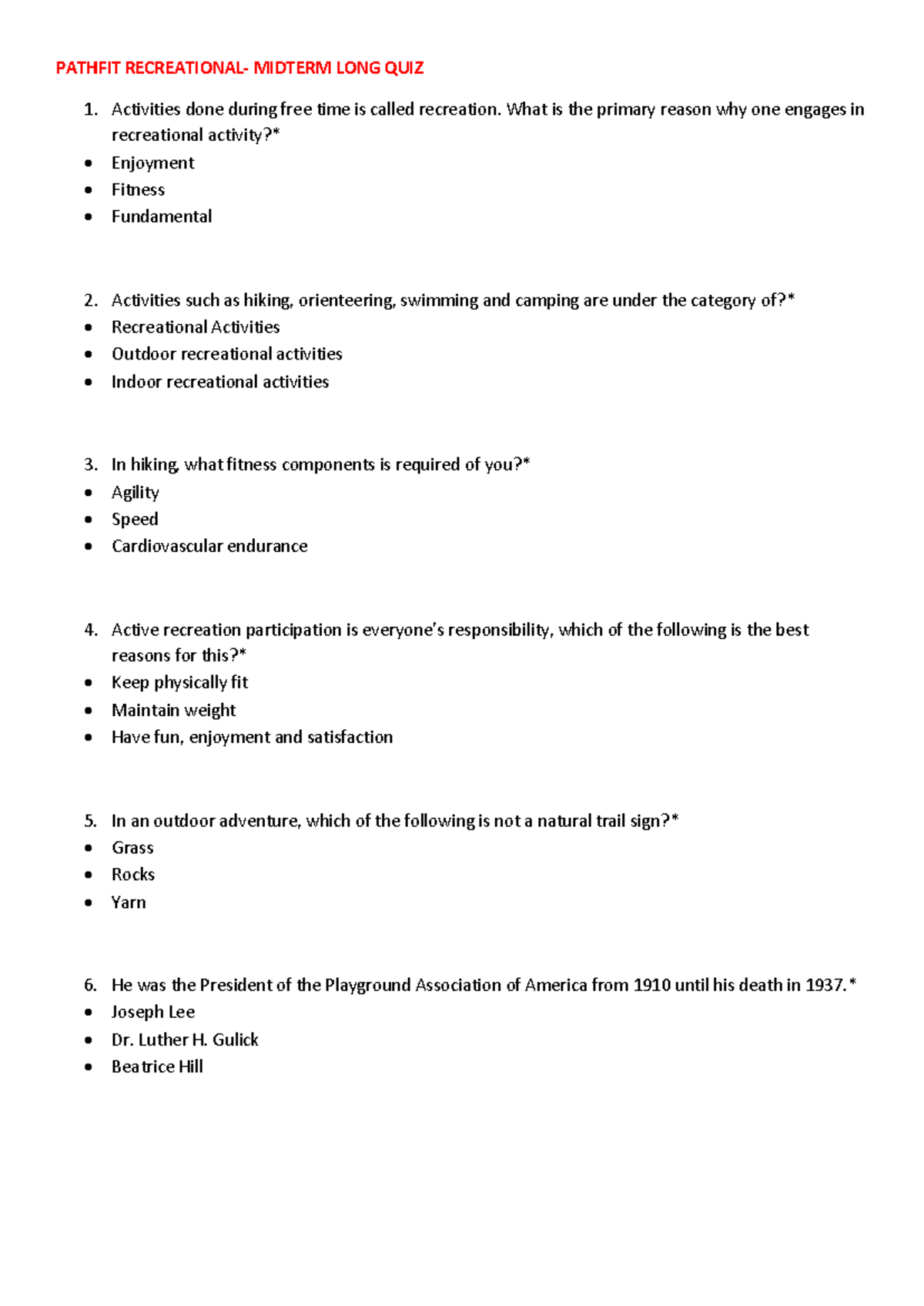 PE- Midterm Long Quiz: Understanding Recreational Activities - Studocu