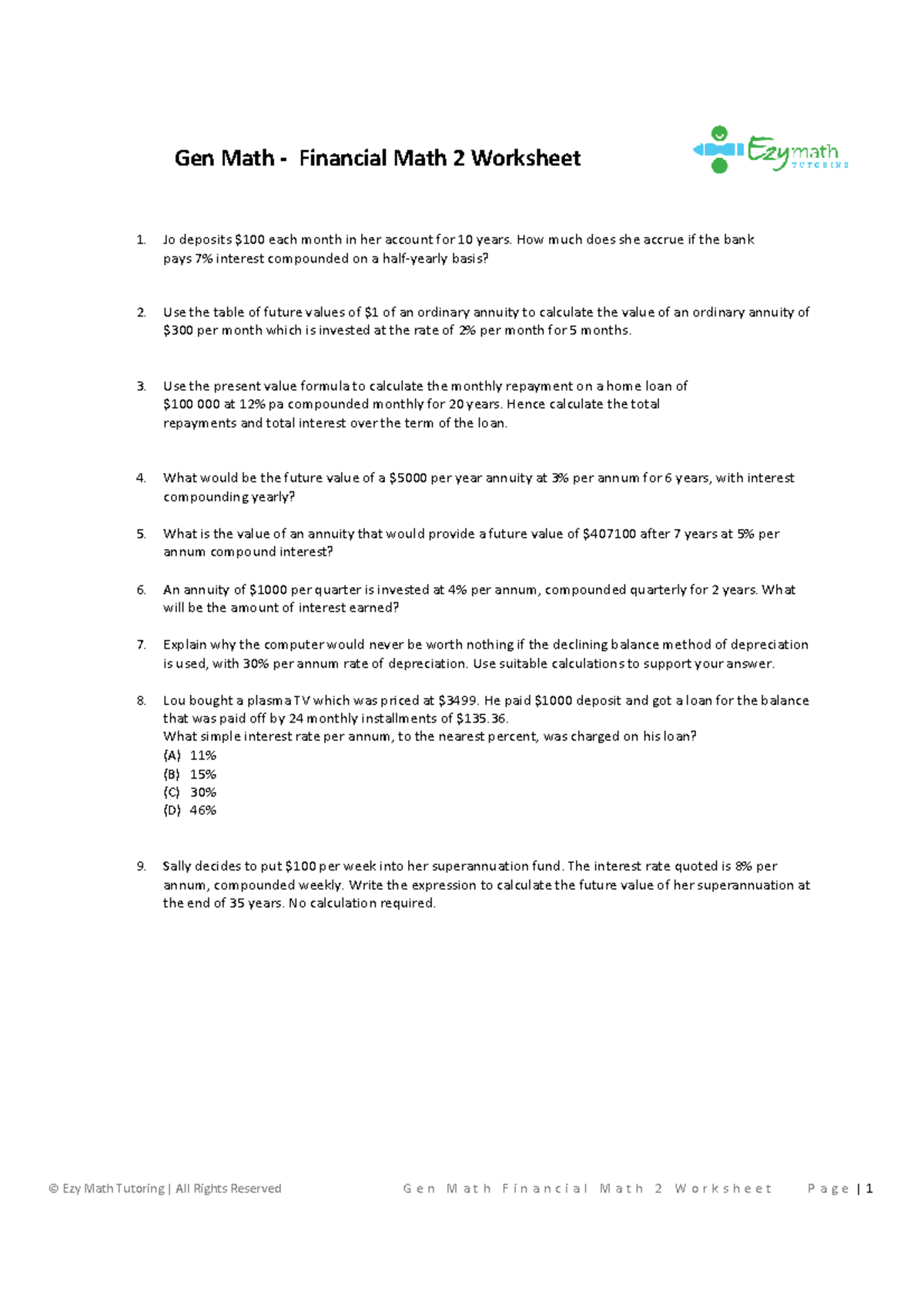 Year 12 Gen Math Final Worksheet: Financial Mathematics 2 Tasks - Studocu