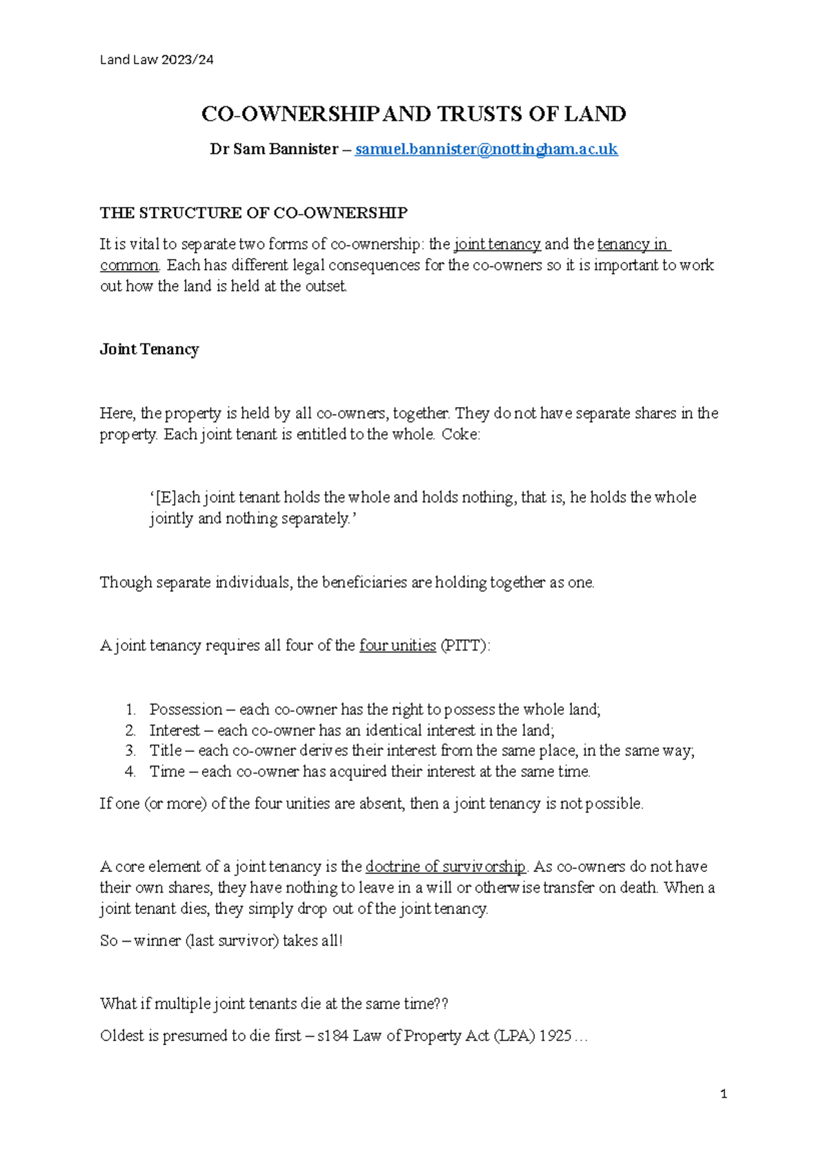 Coownership and Trusts of Land lecture handout 2324 - CO-OWNERSHIP AND ...