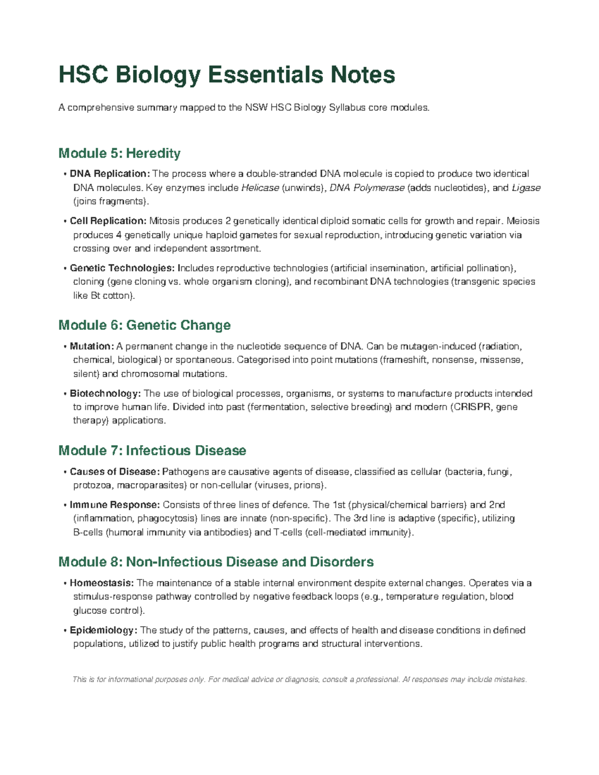HSC Biology Notes: Comprehensive Summary of Core Modules - Studocu