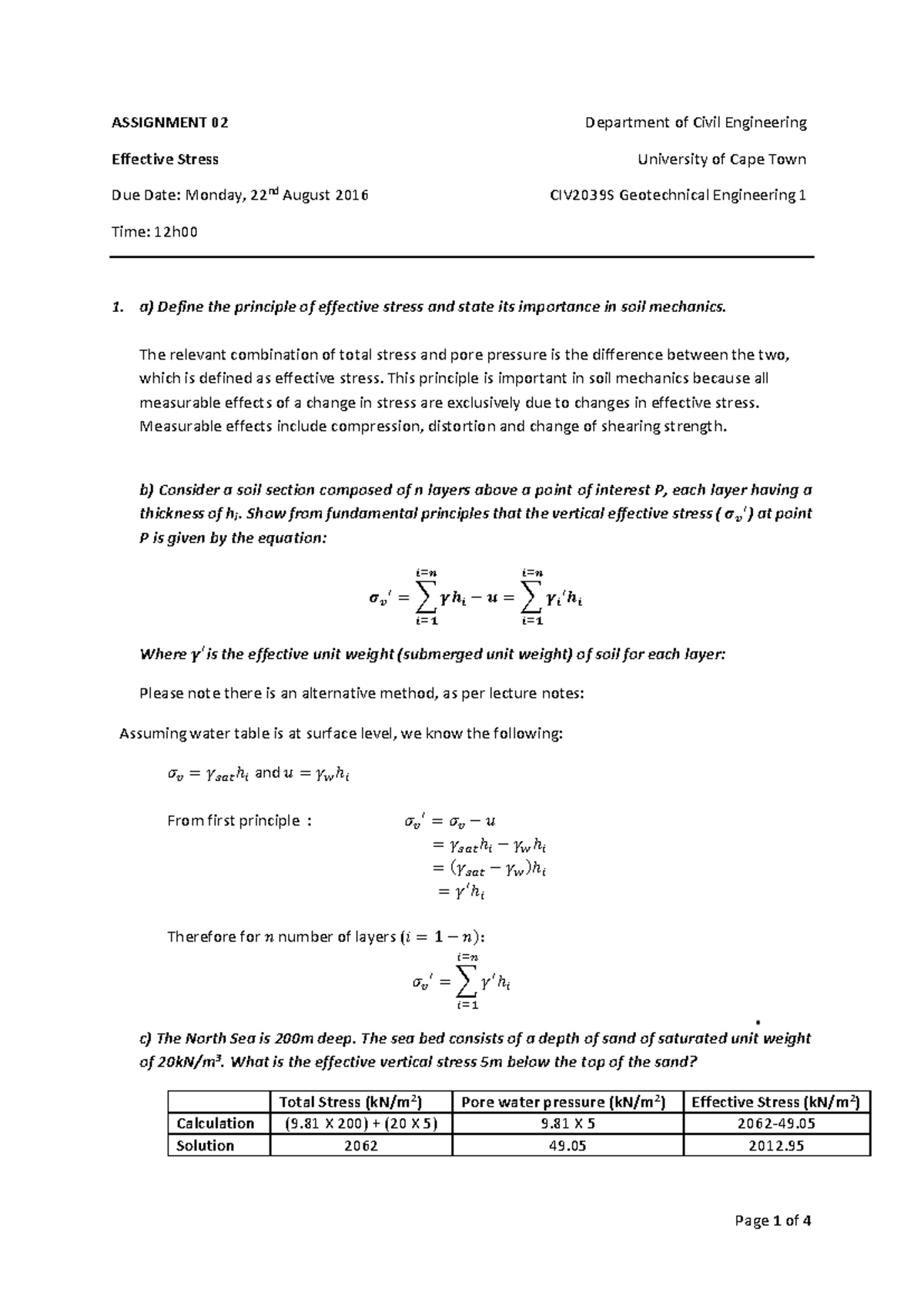 Civ2039s Assignment 02 Effective Stress In Geotechnical Engineering