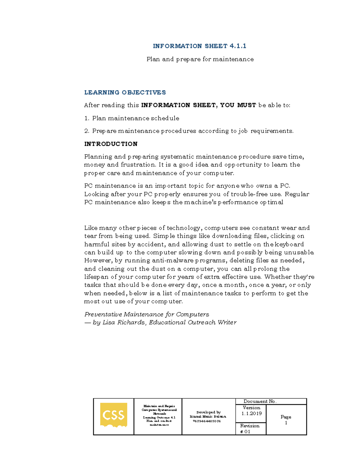 Maintenance Plan for Computer Systems (Learning Outcome 4.1) - Studocu