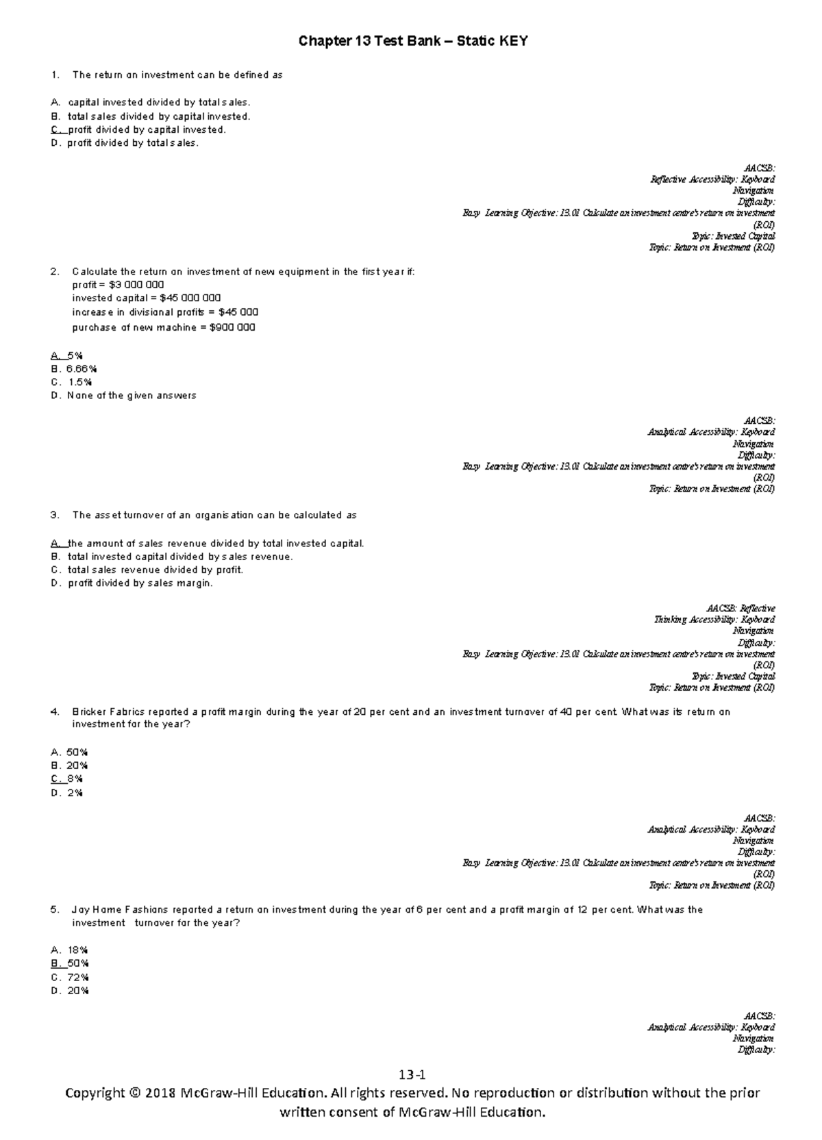 Chapter 13 Test Bank - Calculating Return on Investment (ROI) and More ...