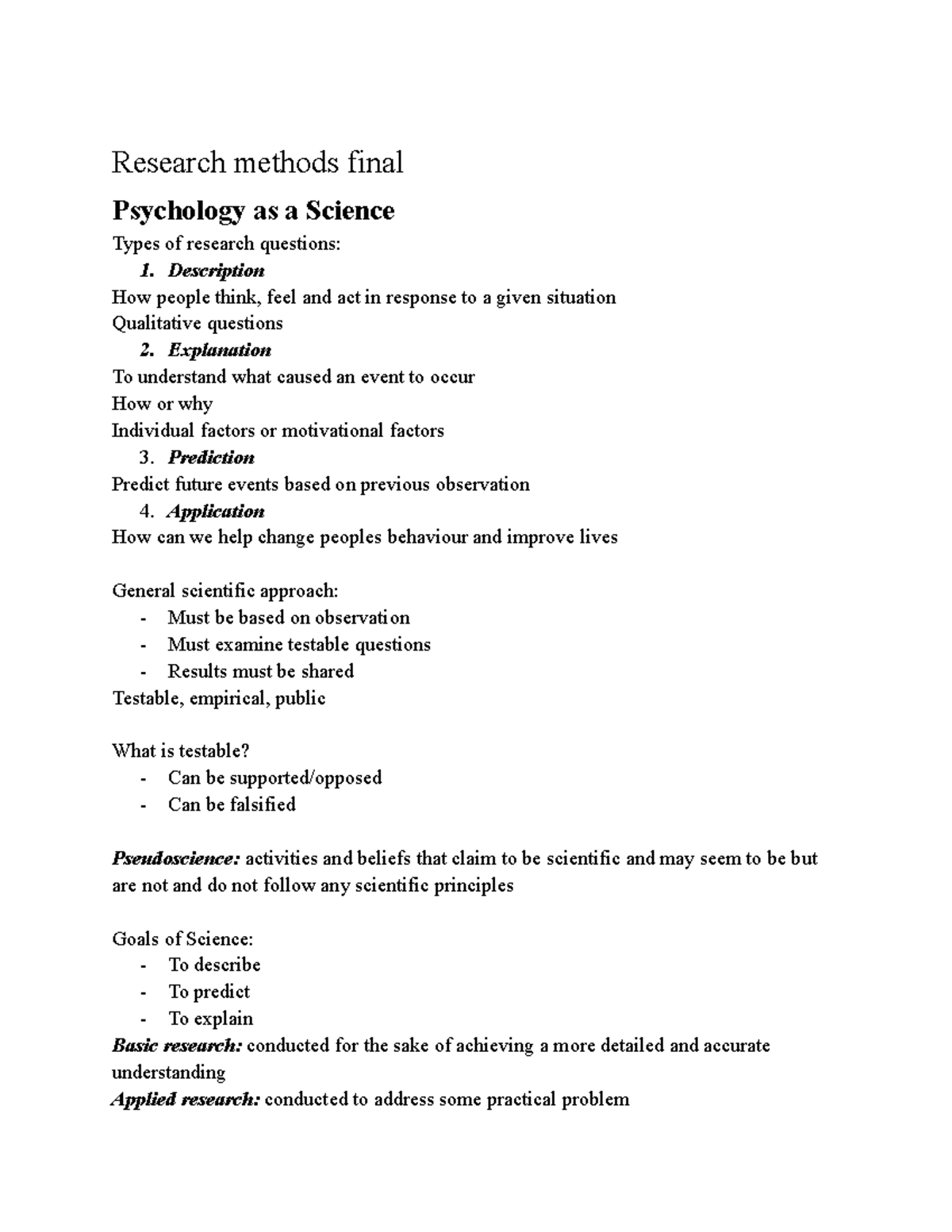 Research methods final - Research methods final Psychology as a Science ...