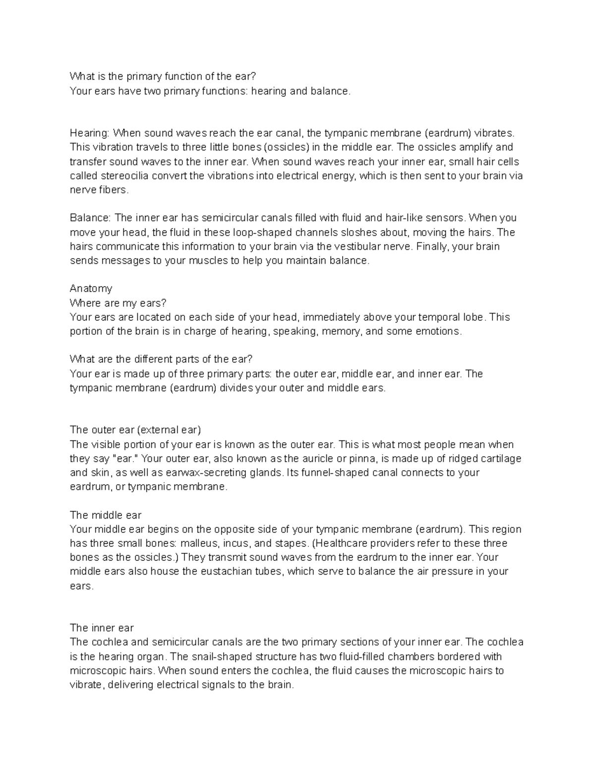 Functions of the Ear: Hearing & Balance Explained - Studocu