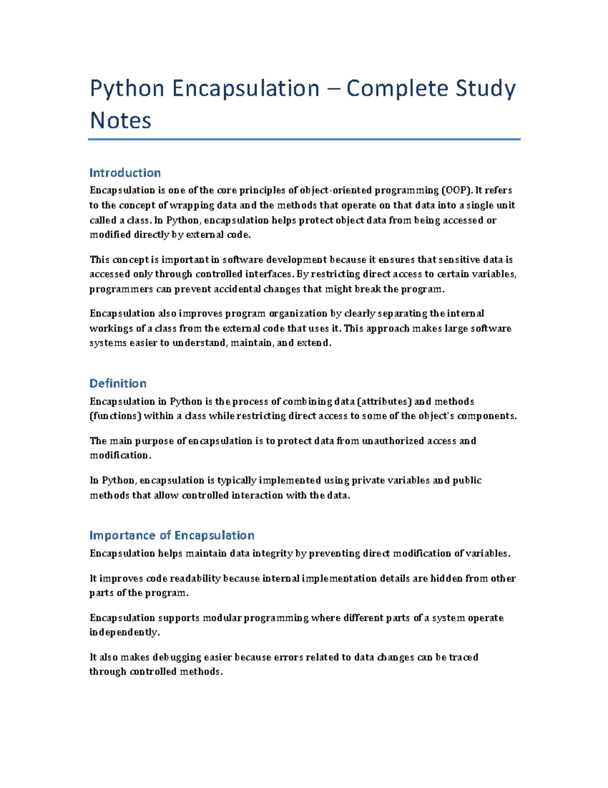 Python Data Encapsulation: Comprehensive Study Notes - Studocu