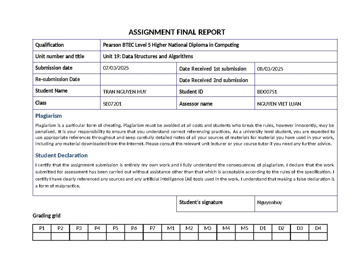 Unit 19: Data Structures & Algorithms Final Report - SE07201 - Studocu