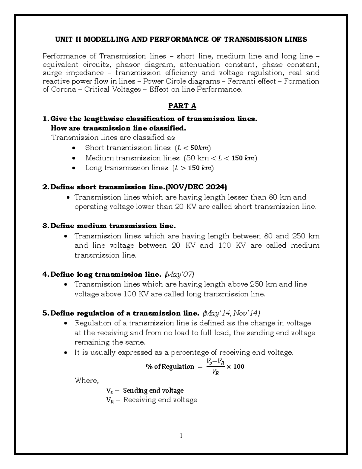 UNIT II Notes: Modelling & Performance of Transmission Lines - Studocu