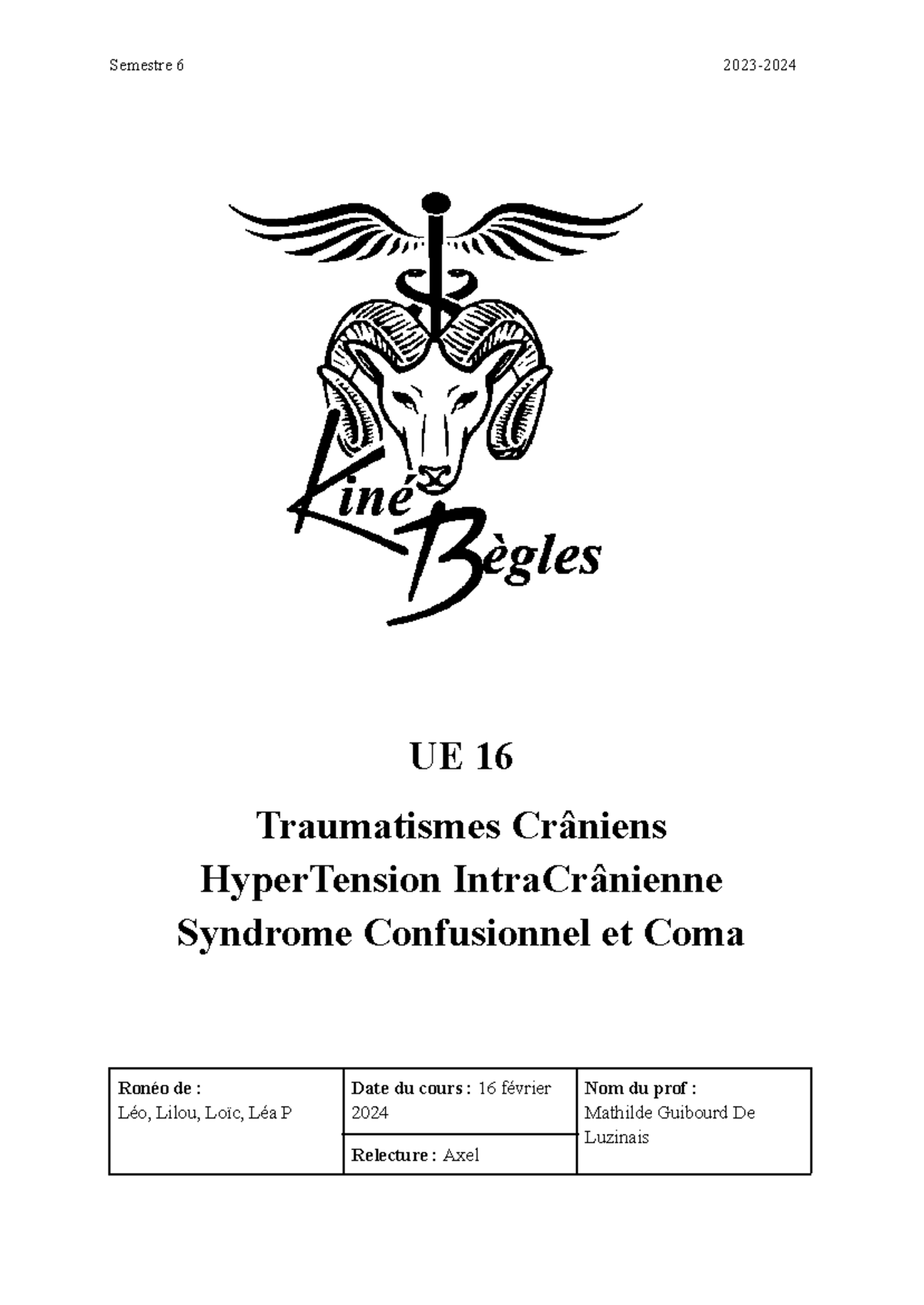 S6 UE16 : Traumatismes Crâniens, HTIC, Syndrome Confusionnel & Coma ...