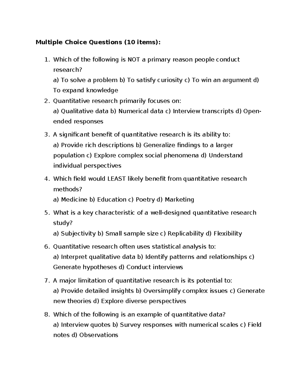 PR2 - Activity Sheets: MCQs & Essay Questions on Quantitative Research ...