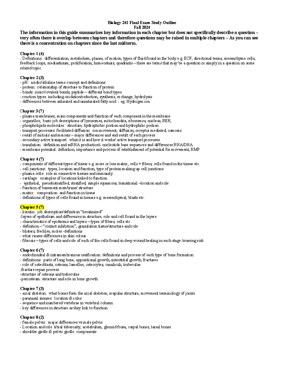 Biology 241 Final Exam Study Guide Outline for Fall 2024 - Studocu